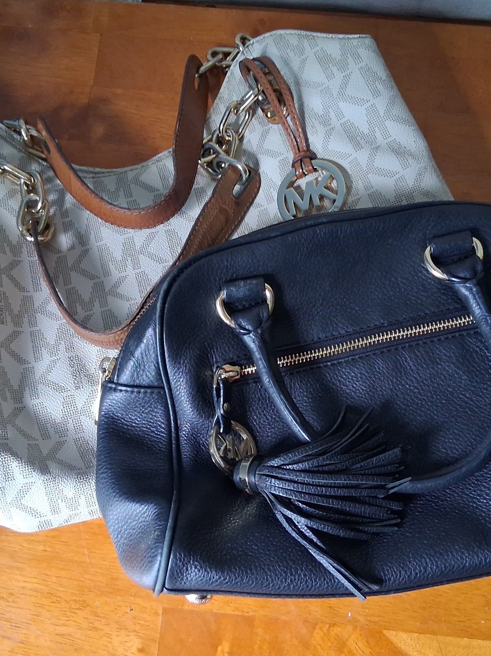 Michael Kors Black Leather Satchel with Beige Signature Tote (Lot Of 2)